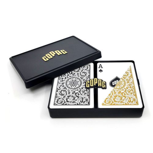 Carti de poker bridge, 100% plastic, COPAG 1546, Regular index, set dublu negru-auriu