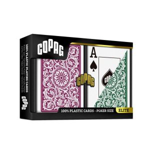 Carti de poker 100% plastic, COPAG 1546 Elite, index jumbo, set dublu verde-burgundy