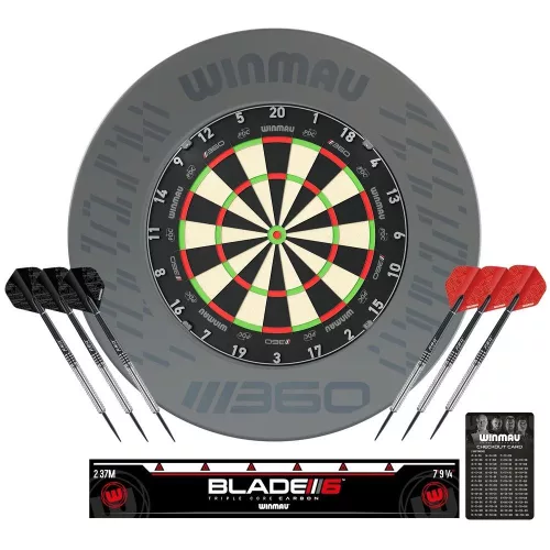 Set darts bundle cu tinta Winmau blade 360, protectie de perete grii si 2x set sageti, linie start