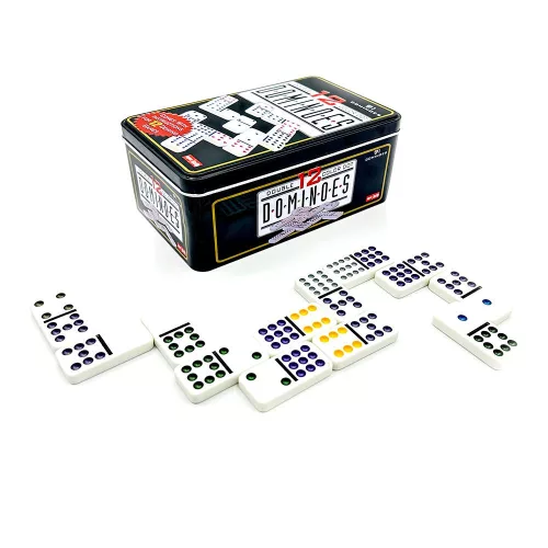 Set de domino in cutie metalica, 12 puncte, 91 piese
