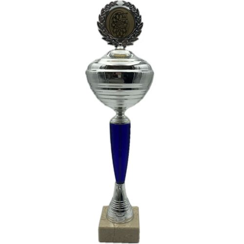 Trofeu darts, talpa marmura, argintiu, albastru cu tinta darts, inaltime 32 cm