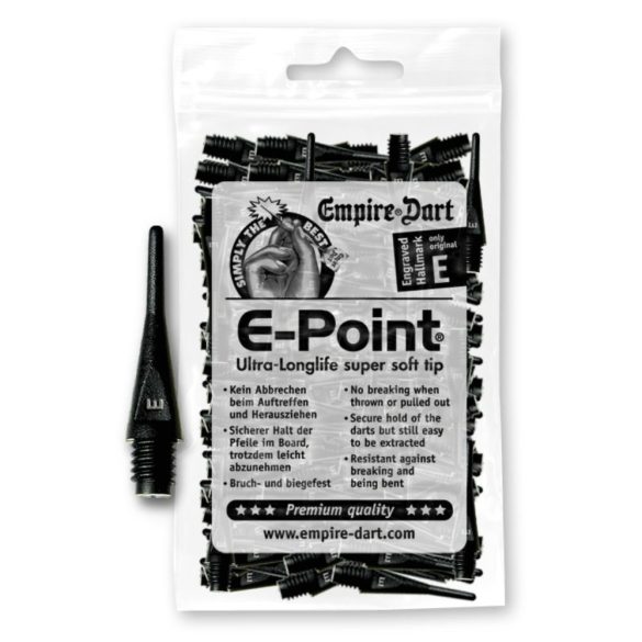 Varf de darts plastic E-Point scurt negru, 2BA cu filet standard, 100buc/pachet