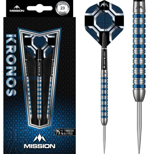 Set sageti darts Mission steel Kronos 23g, blue, M1, linear iso-grip, 95% wolfram