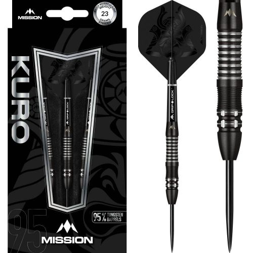 Set sageti darts Mission steel Kuro 23g, black, M2, razor scallop 95% wolfram