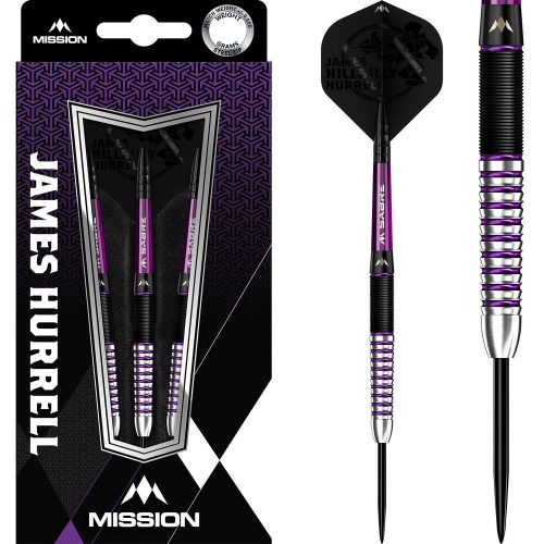Set sageti darts Mission steel James Hurrell Black PVD-Electro Purple 24g, 90% wolfram