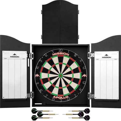 Set darts complet, tinta Mission din sisal, sarma rotunjita, cabinet negru, 2 seturi de sageti