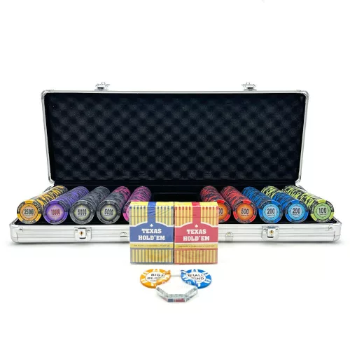 Set de jetoane poker de 500 bucati, numerotate, cu jetoane Gamestar de 13,5 grame si carti 100% plas