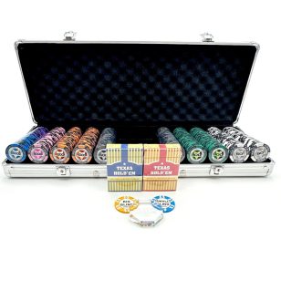 Set poker cu 500 jetoane, 13,5g jetoane cu insertie metalica cu carti 100% plastic