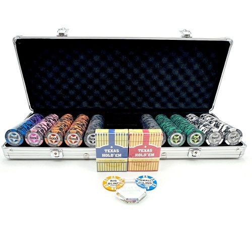 Set poker cu 500 jetoane, 13,5g jetoane cu insertie metalica cu carti 100% plastic