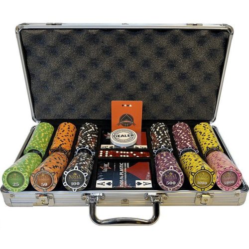 Set poker, 300 buc Royal Cardroom Turnier, 14g, cu numere mari, cu 2 pachete de carti 100% plastic