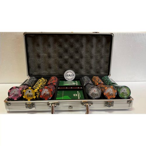 Set de poker, 300buc Royal Flush, 13g, cu numere mari, cu doua pachete de carti 100% plastic