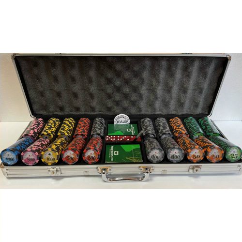 Set de poker, 500buc Royal Flush, 13g, cu numere mari, cu doua pachete de carti 100% plastic