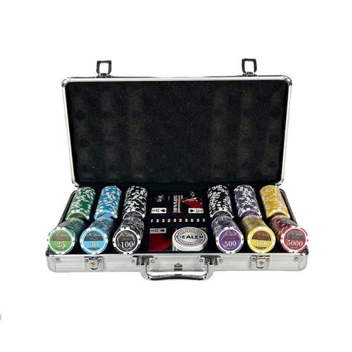 Set poker, 300 buc LAZAR, 11,5g, cu numere mari, cu 2 pachete de carti 100% plastic