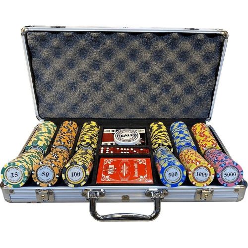 Set poker, 300 buc Monte Carlo, 14g, cu numere mari, cu 2 pachete de carti 100% plastic