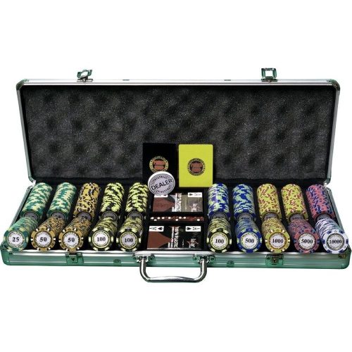 Set poker, 500 buc Monte Carlo Premium, 14g, cu numere mari, cu 2 pachete de carti 100% plastic